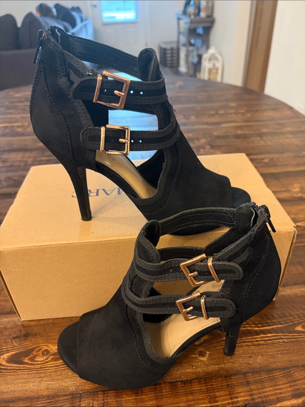 LC Lauren Conrad Black Suede Peep-Toe Heel Sandals with Gold Buckles